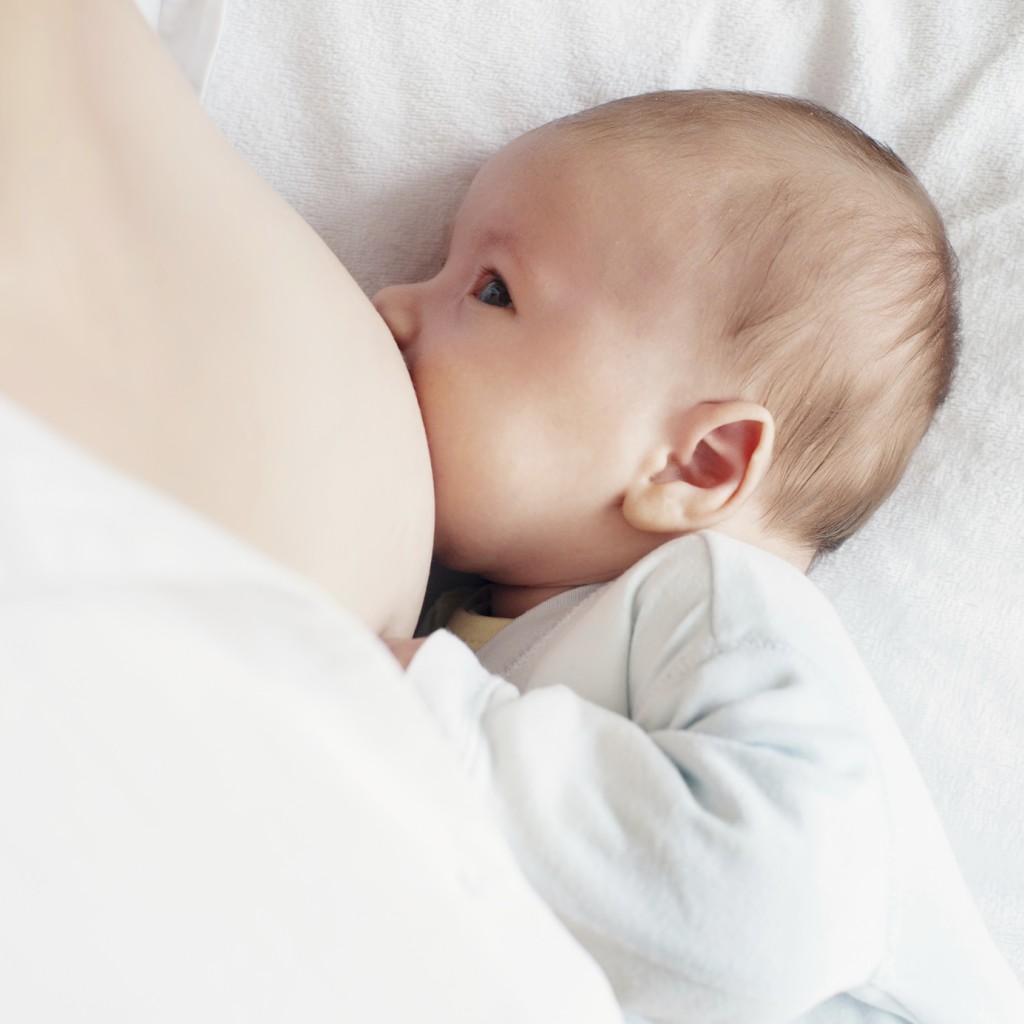 Breast-feeding of the newborn baby in soft selective focus